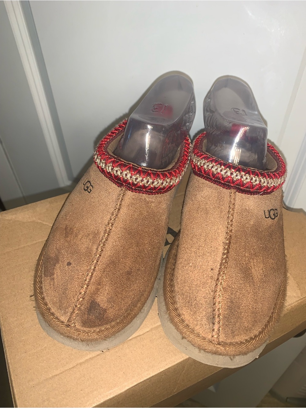UGG Chestnut Suede Clog Mules with Red and Beige Braided Trim